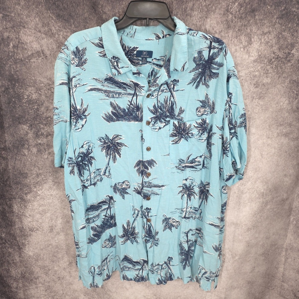 George Hawaiian Shirt Mens 2XL Blue Button Up Palm Tree Tropical Vacation Rayon